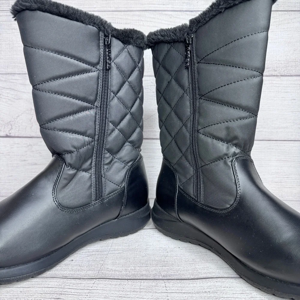 Totes Womens Black Quilted Mid Calf Winter Boots Faux Fur‎ Trim Size 8